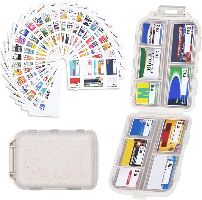 Travel Pill Organizer with Medicine Labels, Travel Pill Box Mini Medicine Organizer Daily Pill Container 10 Compartments Purse Pill Case (White, 189 Lables)