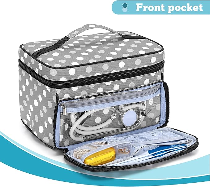 LUXJA Medicine Bag with 2 Detachable Clear Pouches,Travel Pill Bottle Organizer with Detachable Dividers, Gray Dots