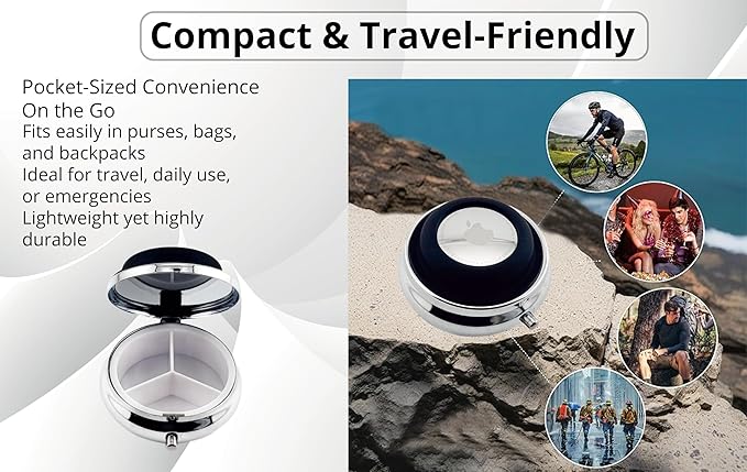 Portable Pill Organizer with AirTag Holder | Metal & Plastic Construction Case | Three Compartments Durable Case | Container Dispenser Holder for Medicine | Silver, Black - Travel Size