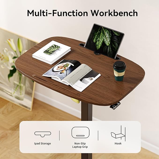 Folding Pneumatic Height Adjustable Mobile Standing Desk with 90° Tiltable Tabletop, 27.2x18.9 Inch Portable Laptop Desk with Wheels, Holds Up to 66.1lbs for Home Office, Black Walnut