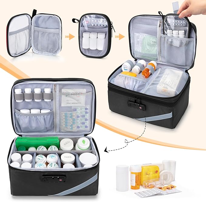 Trunab Medicine Storage Bag with Combination Lock, Lockable Pill Bottle Organizer, Travel Medication Carry Case for Medicine Box, Prescription, Vitamins, Supplements or Medical Supplies