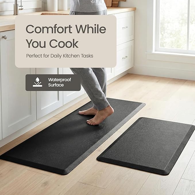 Anti Fatigue Kitchen Mats for Floor | Padded Kitchen Rugs | Non Slip, Cushioned Standing Desk Mat | Waterproof Floor Mat | 17.3" x 28" x 0.47" & 17.3" x 47.2" x 0.47", Black, 2-Pack | More Décor
