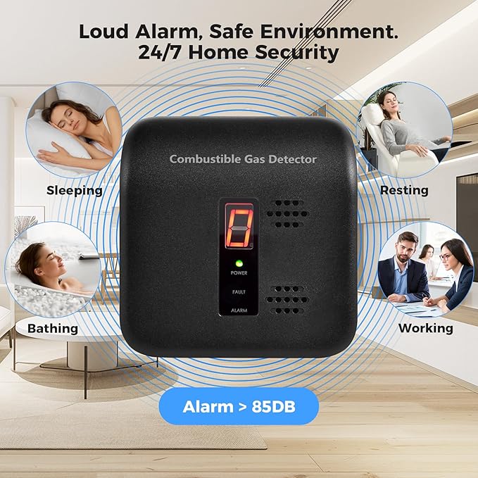 Plug-in Natural Gas Leak Detector for Home - Sensitive Alarm for Methane, Propane, Butane & LPG in Kitchen, RV Black