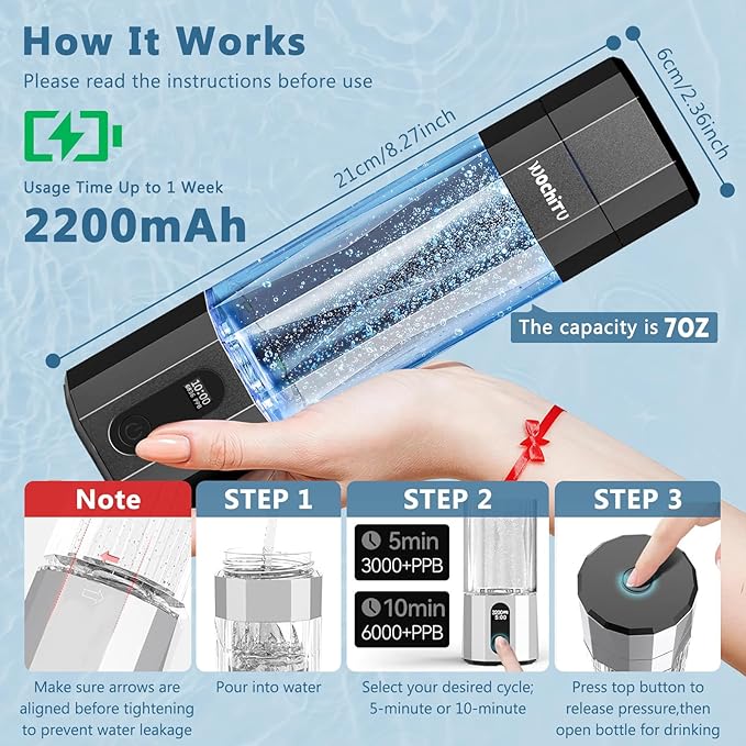 WochiTV Hydrogen Water Bottle Generator, 6400PPB High Concentration Portable Hydrogen Water Machine with SPE/PEM Tech & LED Display, 7oz Leak-Proof BPA-Free Bottle for Gym, Travel, Gifts BLACK