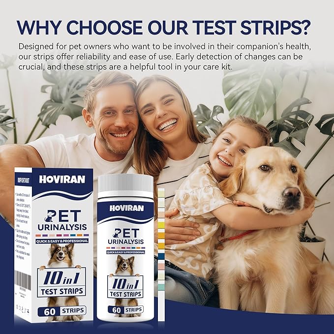 10-in-1 Cat & Dog Urine Test Strips, Cat & Dog UTI Test Kit, Pet Urinalysis Reagent Strips Diabetes, Glucose, Nitrite, Specific Gravity, pH, Protein, Leukocytes & More (60 Strips)
