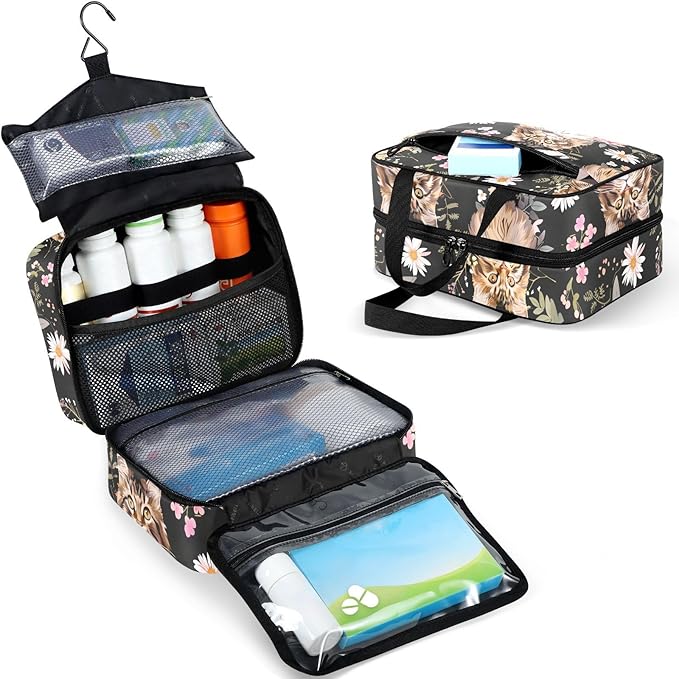 Fustylead Cute Maine Coon Cat and Beautiful Daisy Flower Pill Organizer Bag Large Medicine Travel Carrying Case with Zipper for Vitamin Supplements Fish Oil, Empty First Aid Kit for Hiking Camping