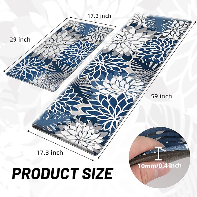 Kitchen Mats for Floor 2 Piece Cushioned Anti Fatigue Kitchen Mats Waterproof Non Slip Kitchen Mat Rug Set Comfort Foam Standing Mat for Sink, Laundry, Office, Blue Gray