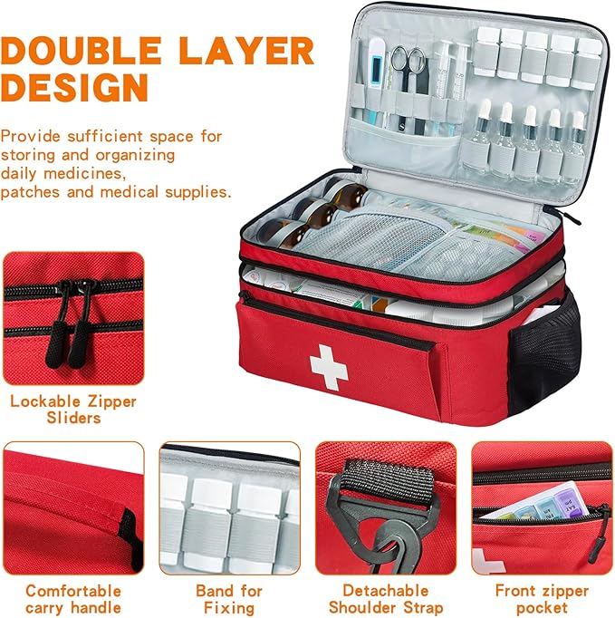 Boczif First Aid Kit, First Aid Storage Carry Bag, Pill Bottle Organizer for Emergency Trauma Medical Kits Supplies Waterproof, Ideal for Home, Travel, Outdoor, Camping (Red with shoulder strap)