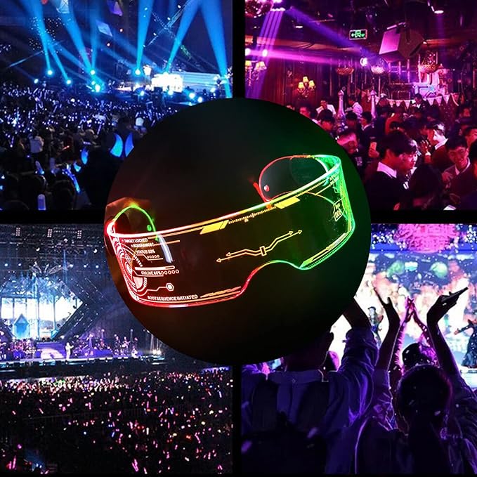Fency Cyberpunk Glasses, USB Rechargeable LED Glasses whit Bilaterally Controllable, 7 Colors Changing Flashing