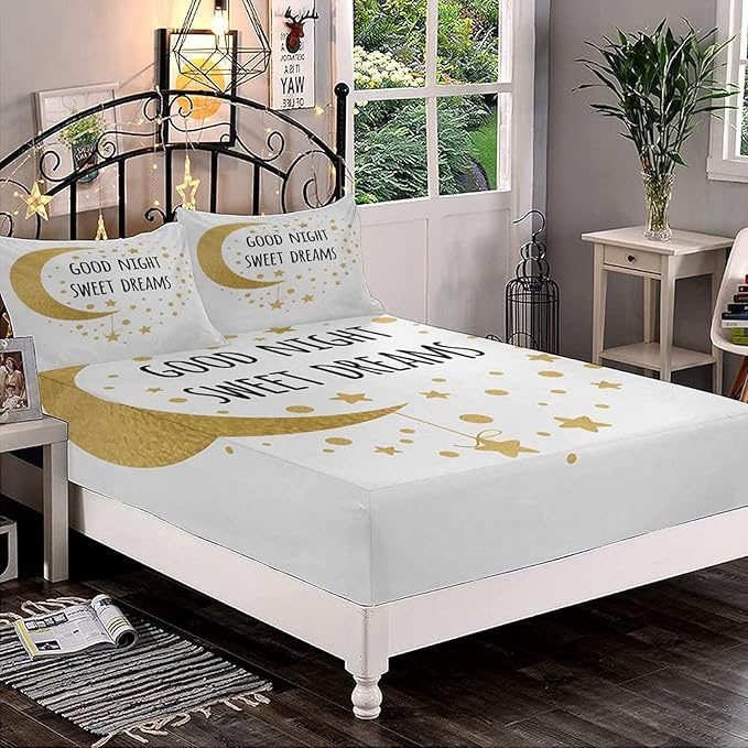 Decorative Fitted Sheet Set Full Size, Sweet Dreams Deep Pockets Fitted Sheet & 2 Pillow Sham Set, Cheerful Calligraphy with Moon Stars and Dots Printed Microfiber Bedding 3pc Set,for Mattress