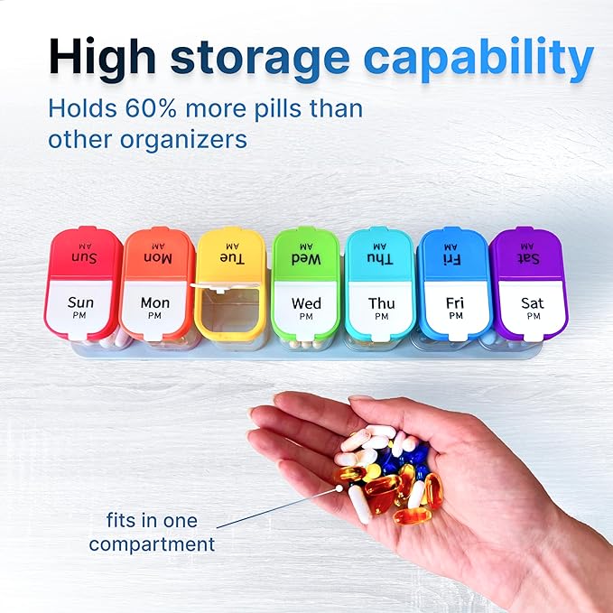 Extra Large Weekly Pill Organizer Set - 2 XL Vitamin Holders with 7 Detachable AM PM Compartments - Reliable Medicine Dispenser for Home and Travel, Big Supplement Container, Rainbow & Green/White