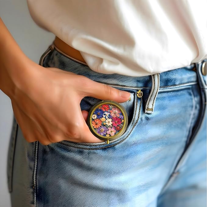 Small Pill Case Pill Box with Mirror Retro 3 Compartment Pill Holder for Purse or Pocket Bronze Portable Medicine Vitamin Container Fish Oil and Supplement Storage BPA-Free(Printed Dried Flowers)