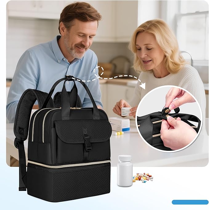Fasrom Medicine Travel Bag Backpack with Insulated Compartment & Waterproof Mat, Double Layer Pill Bottle Organizer for Prescription, Vitamins and Medical Supplies, Black (Empty Bag Only)
