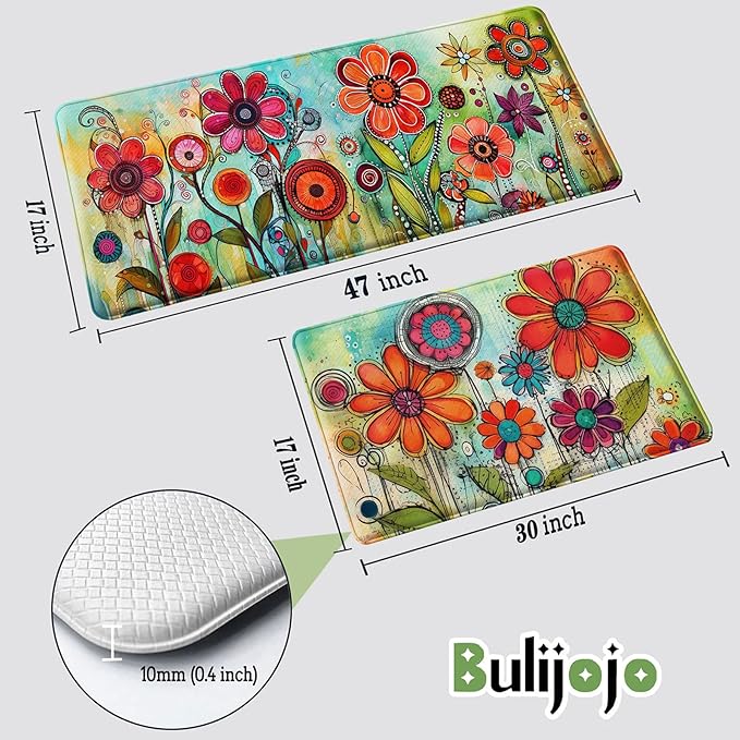 Bulijojo Flowers Anti Fatigue Kitchen Floor Mats Set of 2 Waterproof Kitchen Sink Runner Rug Standing Mat Cushioned Kitchen Rugs Comfort Doormat 17"x47"+17"x28"
