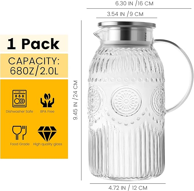 Bandesun Vintage Glass Pitcher with Lid, Heat Resistant Borosilicate Water Jug, 68 oz/ 2 Liter Water Pitcher with Handle and Spout for Fridge, Carafe for Hot/Cold Coffee, Tea,Beverage 1Pack