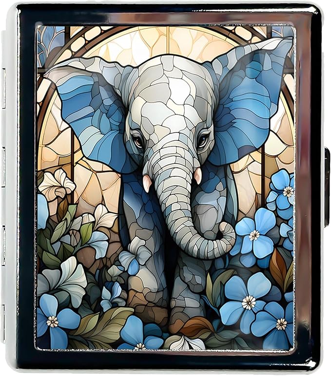 Cute Travel Pill Box Organizer with 8 Compartments - Compact and Fashionable Pill Case with Mirror - Ideal for Medications (Elephant Stained Glass)