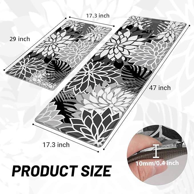 Kitchen Mats for Floor 2PCS Cushioned Anti Fatigue Kitchen Mats Waterproof Non Slip Kitchen Mat Rug Set Comfort Foam Standing Mat for Sink, Laundry, Office, Black White