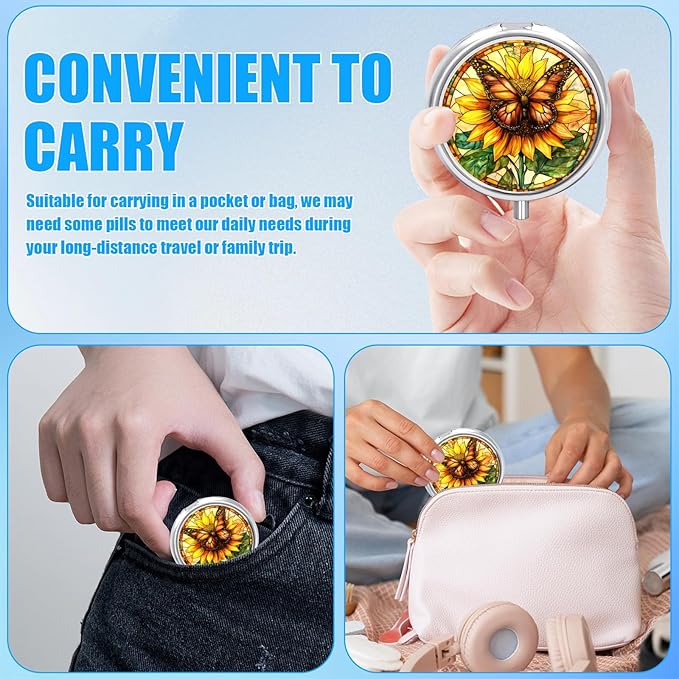 Sunflower Butterfly Pill Case, Pill Box 3 Compartments Metal Small Pill Holder with Mirror Mini Travel Pill Container for Purse Pocket Women Men