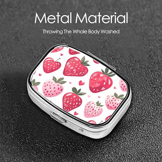 Cute Pink Strawberry Pattern Pill Box with Mirror 2 Compartment Metal Square Small Pill Case for Purse Pocket Portable Pill Container Holder Travel Medicine Organizer for Vitamin Fish Oil Supplement