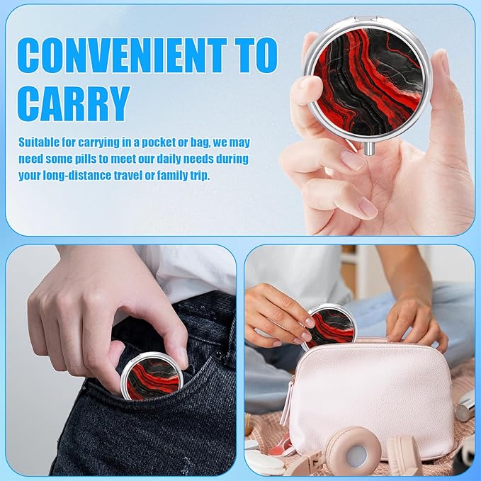Black Red Marble Pill Case, Pill Box 3 Compartments Metal Small Pill Holder with Mirror Mini Travel Pill Container for Purse Pocket Women Men
