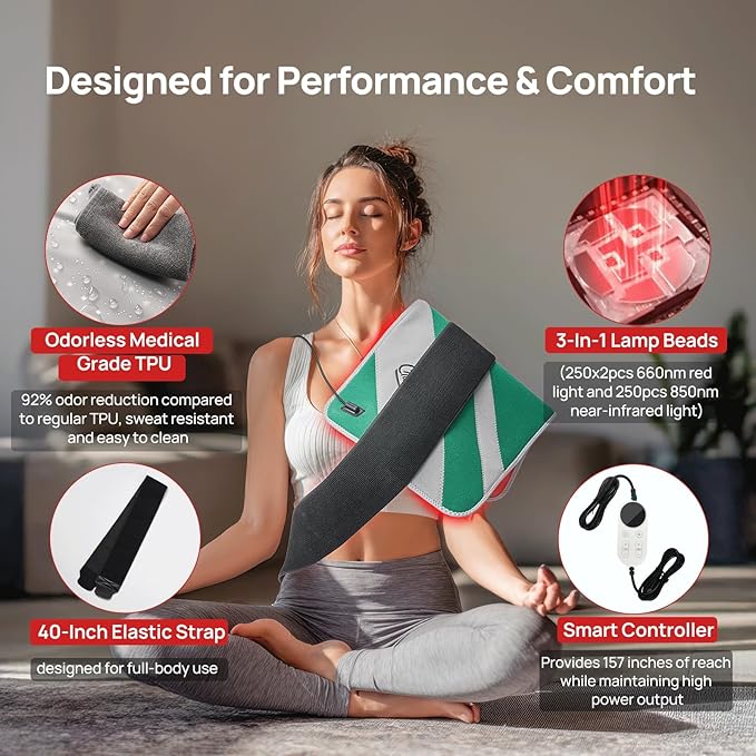 Red Light Therapy for Body, 24" x 12" Large Size (250 LEDs) Near Infrared Red Light Therapy Mat, 660nm&850nm, Adjustable Timer and Power Levels, Sweat-Resistant & Easy-Clean for Pain Relief