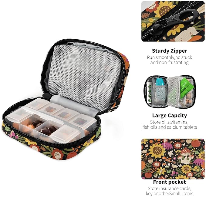 Pill Box Sunflower Mushroom 7 Day Pill Case Travel Pill Organizer Bag with Zipper Portable Weekly Vitamin Medicine Supplement Holder Pouch Bag