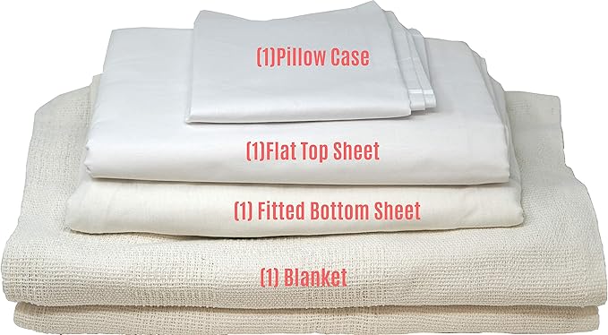 Careoutfit All in One Hospital Bed Linen in a Bag, Top Sheet, Bottom Sheet, Pillow Case and Blanket, White Premium