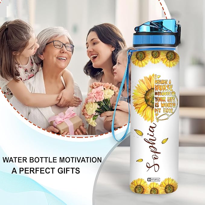Hyturtle Personalized I Became A Nurse Sunflower 32oz Liter Motivational Water Bottle, Customized Name Tracking Water Bottle Funny Nurse, Gifts For Nurses, Women Coworkers On Birthday, Mother's Day,