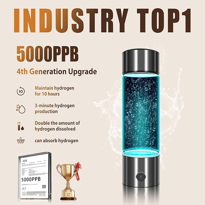 2026 New Hydrogen Water Bottle-Hydrogen Concentration up to 5000 PPB【SGS-Certified Hydrogen Generator】2026 SPE/PEM Technology Odorless Double Hydrogen Content for Sports/Home/Office/Travel HC2
