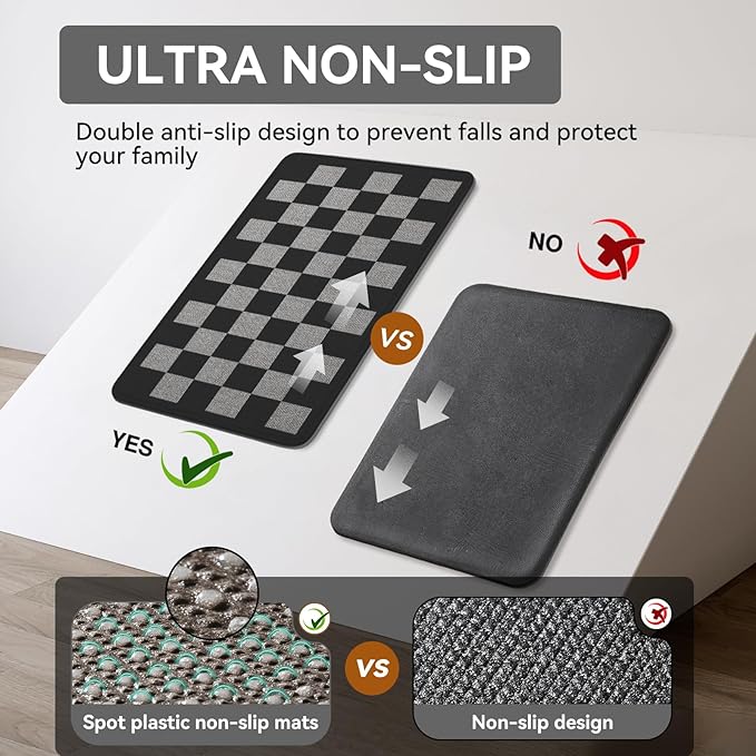 Kitchen Runner Rugs Non Slip Washable, Super Absorbent Kitchen Mats for Floor, Linen-Look Woven Sink Mat Standing Mat, Easy Clean, Black Gray Checkered 17"x59"