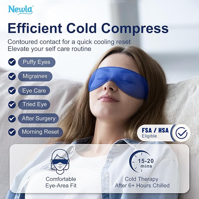 Cooling Gel Eye Mask, FSA Eligible Contoured Cold Compress for Eyes, Reusable Cold Eye Mask for Puffy Eyes, Migraine & Tired Eyes, Post Surgery, Ice Gel Pack for Eye Care, Adjustable Strap (Blue)