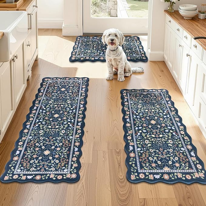 Yamaziot Anti Fatigue Kitchen Rugs Set of 3 - Boho Non Slip Waterproof Kitchen Mats for Floor, Boho Runner Rug for Kitchen Floor, Laundry, Desk, Bar, Office, 17.3"x29"+17.3"x35"+17.3"x47", Blue