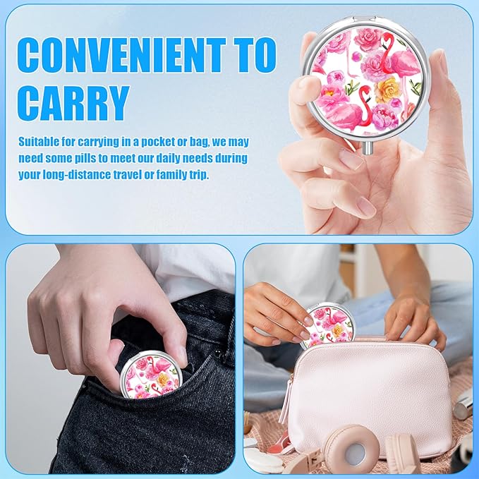 Watercolor Flamingo Rose Pill Case, Pill Box 3 Compartments Metal Small Pill Holder with Mirror Mini Travel Pill Container for Purse Pocket Women Men