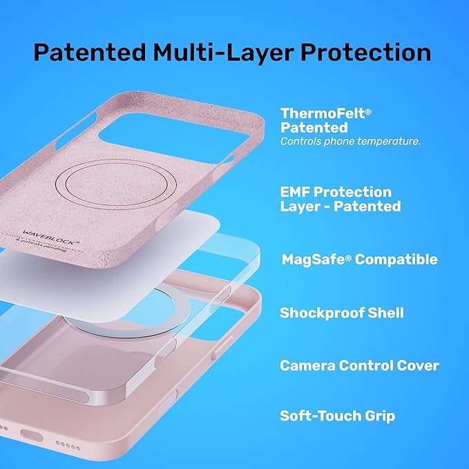 WAVEBLOCK EMF Protection Silicone iPhone Case Compatible with iPhone 16 Pro Max, Radiation Blocker, 5G Shield Reduction, Lightweight, USA Patented and Tested in FCC Lab, Pink
