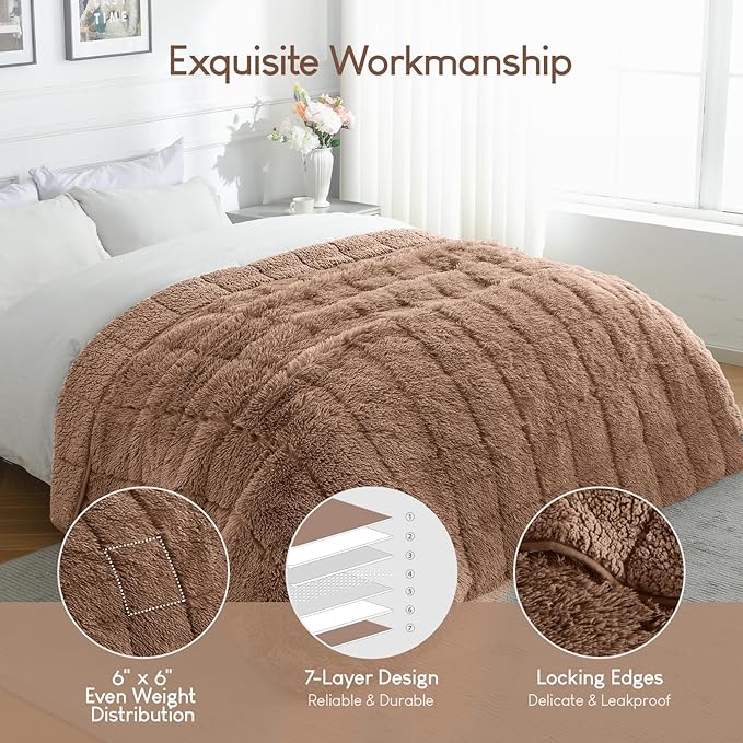 Cottonblue Weighted Blanket 20 lbs for Adults Queen Size, Luxury Sherpa Faux Fur Reversible Plush Weighted Blankets Throw 60x80 in, Snugly Long Fur Warm Heavy Blanket for Couch Sofa Bed, Brown/Khaki
