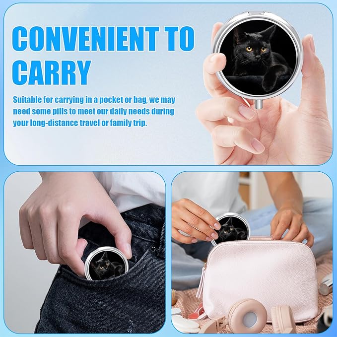 Pill Box, 3 Compartments Small Pill Case Travel Portable Metal Medicine Box with Mirror Mini Container for Purse Pocket Women Men(Black Cat)