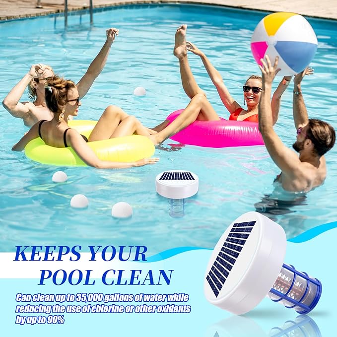 Qualirey Solar Pool Ionizer Automatic Floating Pool Cleaner, Water Ionizer with 4 Pcs Scum Eliminating Ball, for Above Ground and Inground Pools, up to 35, 000 Gallons (Without Light)