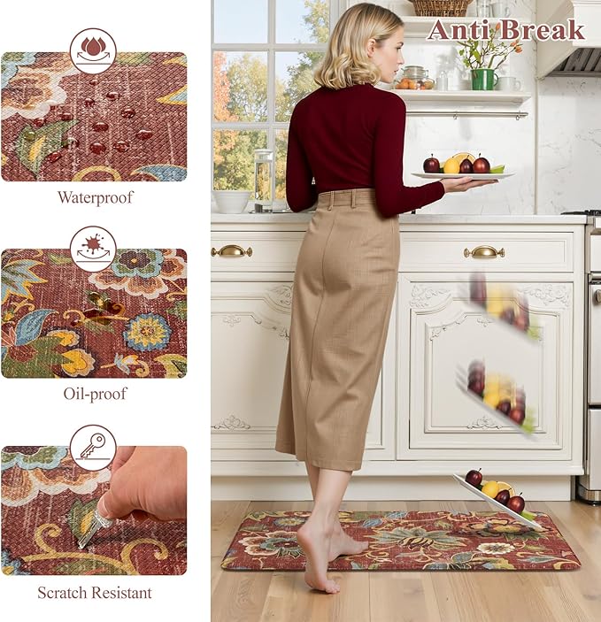 LEEVAN Anti Fatigue Mats for Kitchen Floor 2 Piece,Cushioned Memory Foam Red Kitchen Mats for Floor,Comfort Floral Boho Non Slip Kitchen Floor Mat for Sink,Laundry,Office(17''x29''+17''x47'')