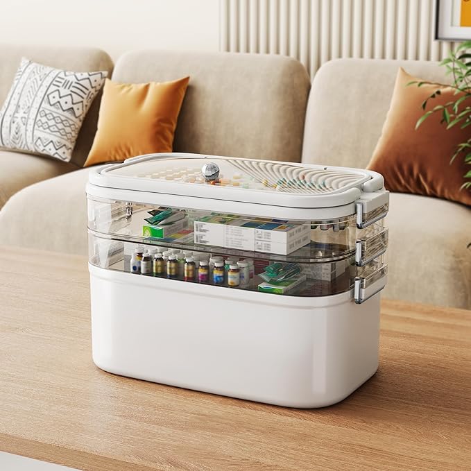 NiHome 4-Tier Medicine Organizer Box with Pill Case, 12.2"x7.09"x10.24" Large Portable Medication Storage for Home & Travel, Adjustable Moisture-Resistant Layers, Easy-Access Lid & Handles