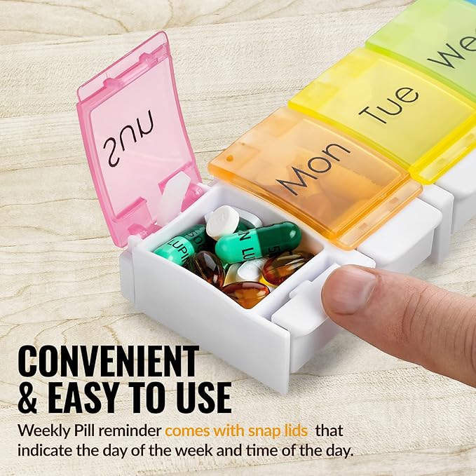 Weekly Pill Organizer - (Pack of 2) Colorful 7-Day Easy Push Button Assisted Open for Arthritis and Seniors, BPA Free, Daily Travel Pill Box Case Planner for Medication Vitamins Fish Oil Supplements