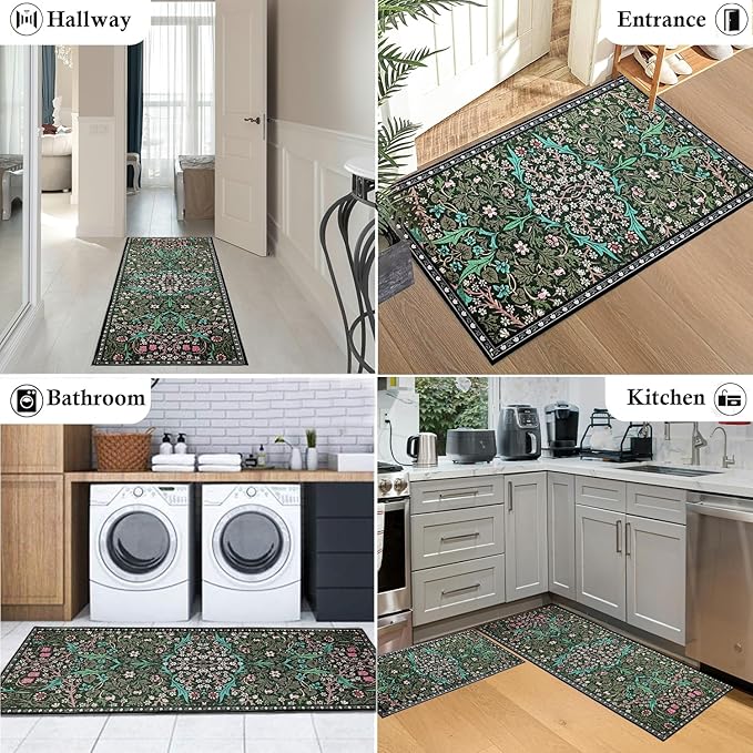 Vintage Floral Kitchen Mat Set of 2, Dark Green Floral Kitchen Rugs and Mats Non Slip Washable, Home Decor Low-Profile Kitchen Rugs for Floor (17”x30“+17''x47'')