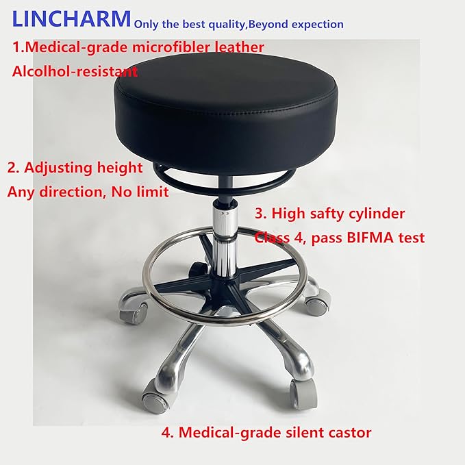 16''Wide seat Upgrade,4''Thick,Medical-Grade Leather,Heavy Duty Rolling Stool With Wheels 500lb Capacity, Upgrade Oversized Height Adjust Ring Easy to Reach ,For lab Doctor Massage Medical