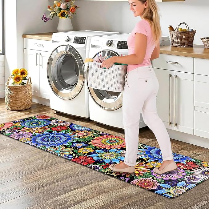 Likiyol Boho Kitchen Rugs Boho Floral Anti Fatigue Kitchen Mat for Floor Bohemian Flowers Non Slip Washable Kitchen Floor Mats, Comfort Standing Mat for Sink, Laundry, 18''x60'', 0.47" Th, Blue