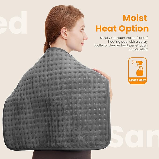 Electric Heating Pad for Back Pain Relief & Cramps - 6 Heat Settings,Auto Shut Off,Moist Heat Options,Portable Heated Pads for Neck/Shoulder Machine Washable Gift for Men Women,Grey,20"x24"