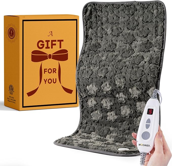 Woomer Faux Fur Electric Heating Pad for Back Pain Relief, Extra Large 17” x 33”, Extended Coverage from Neck to Hip, Two-Sided, Moist Mode, ETL Certified, 6 Adjustable Heats & 2H Auto-Off,Grey