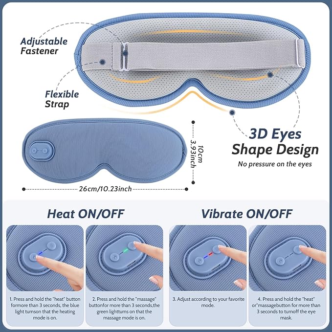 Cordless Heated Eye Mask,Light Blocking 3D Sleeping Eye Mask with Adjustable Heat, Vibration and Timer Settings,Portable Rechargeable Mask,for Eye Fatigue, Better Sleep,Dry Eye Comfort, Men & Women