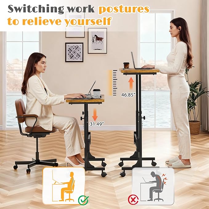 Furmax Small Portable Standing Desk Adjustable Height, Mobile Stand Laptop Computer Workstation with Lockable Wheels for Walking Pad Treadmill (Rustic)
