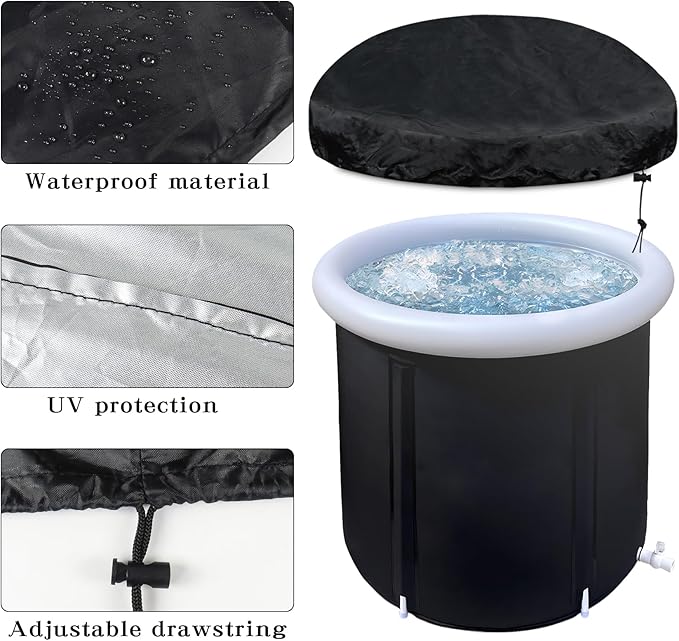 Klmnop Portable Ice Bath Cover, 32 Inch Waterproof Ice Tub Cover with Drawstring for Ice Plunge Tub and Cold Bath Tub(Black)