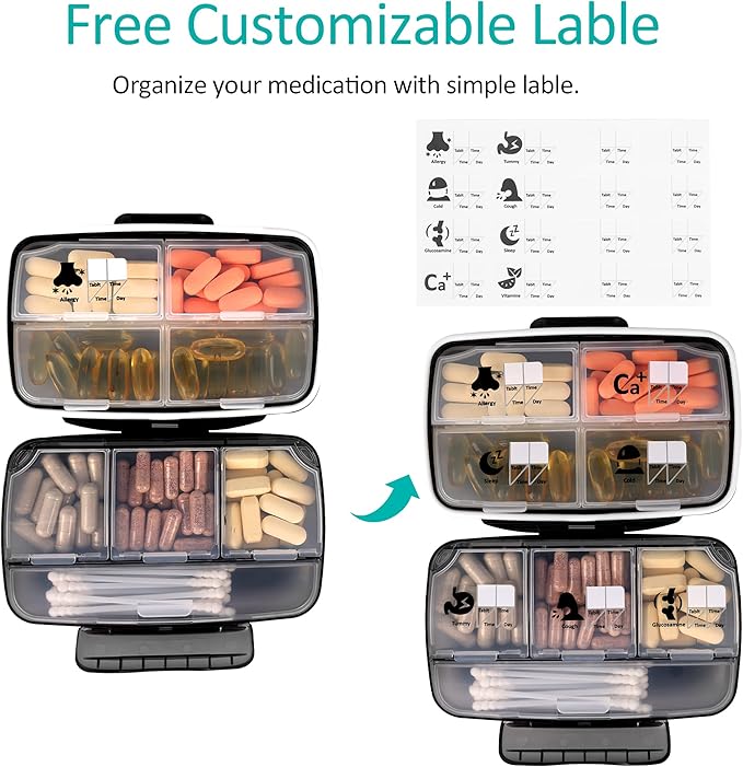 Travel Pill Organizer Large Portable Moisture Proof Vitamin Case, Fullicon Oversize 8 Compartment Pill Box, Pill Holder - Airtight & Moistureproof – Grey