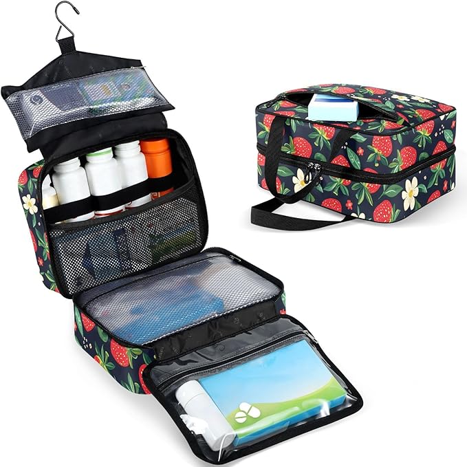 Fustylead Hand Draw Red Strawberry and Beautiful Floral Travel Pill Bottle Organizer Large Home Storage Medication Bag with Zipper for Vitamins, First Aid, Fish Oil, Medical Supplies